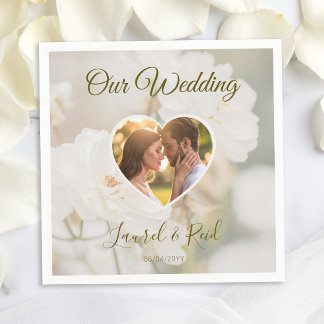 Faded White Rose Flowers With Custom Wedding Photo Napkins