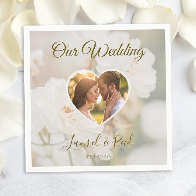 Faded White Rose Flowers With Custom Wedding Photo Napkins (Creator Uploaded)