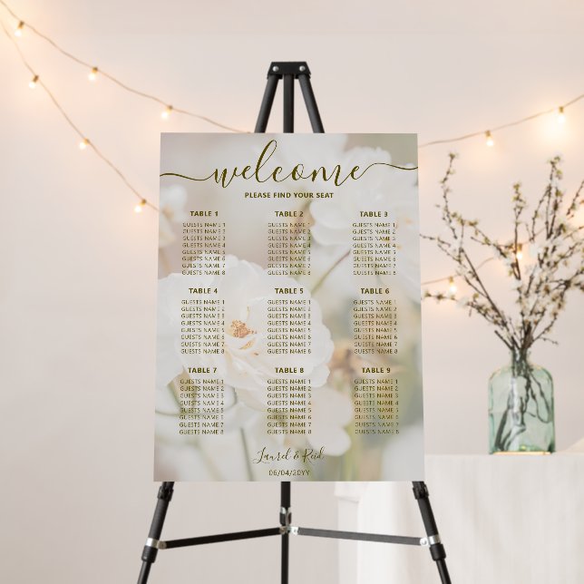 Faded White Rose Photo Wedding Seating Chart Foam Board (In Situ (Stand))