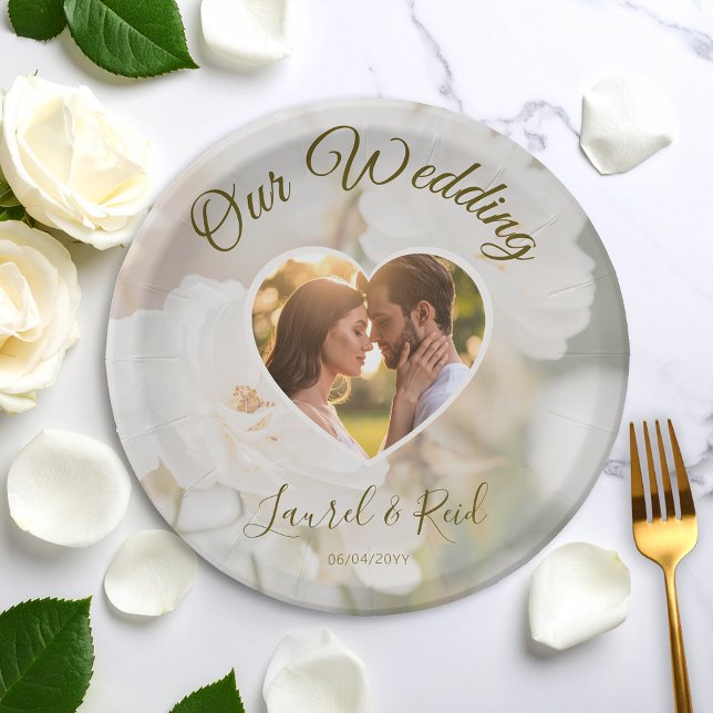 Faded White Roses Heart Photo Template Wedding Paper Plates (Creator Uploaded)