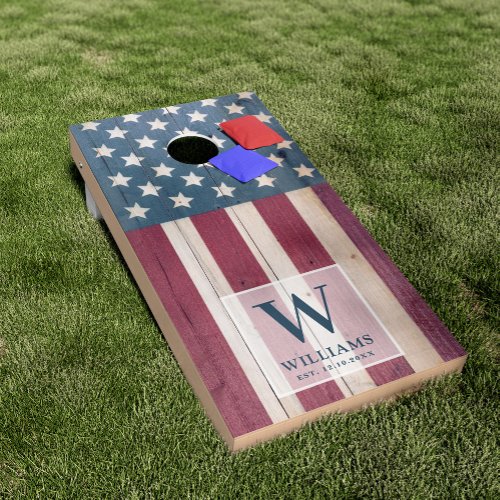 Faded Wood Styled Patriotic USA  Family Monogram Cornhole Set