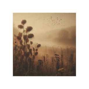Fading Autumn Field with Wilted Wild Sunflowers Wood Wall Art
