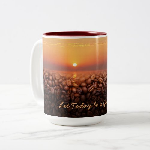 Fading Coffee Beans Lake Sunrise Good Day Photo Two_Tone Coffee Mug