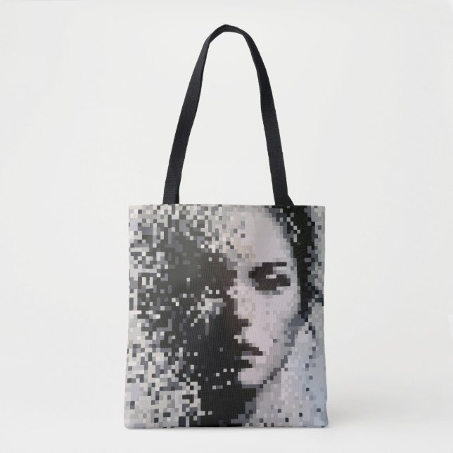 Fading grayscale pixel portrait with emotion tote bag (Front)