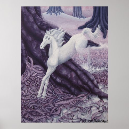 Fading Horse Galloping Among Giant Amethyst Trees Poster