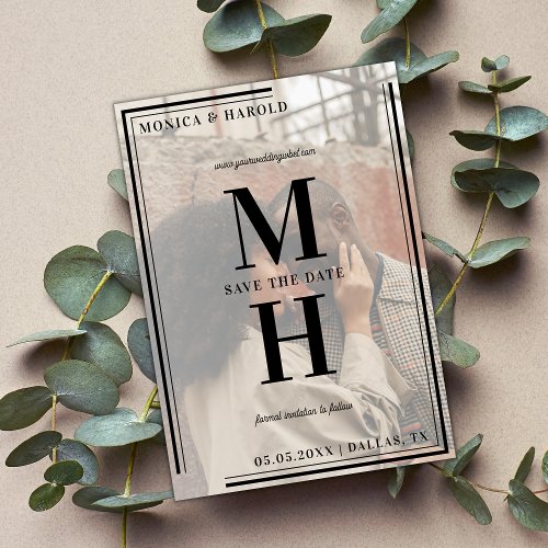 Fading Photo Overlay Modern Big Monogram Geometric Save The Date