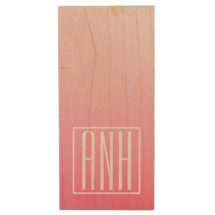 Fading Pinks Ombre Gradation & Your Initials Wood Flash Drive