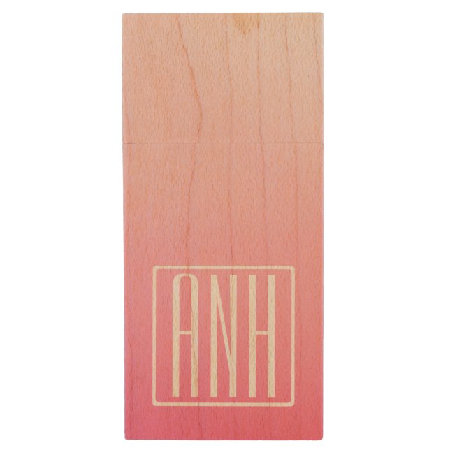 Fading Pinks Ombre Gradation & Your Initials Wood Flash Drive (Front Vertical)