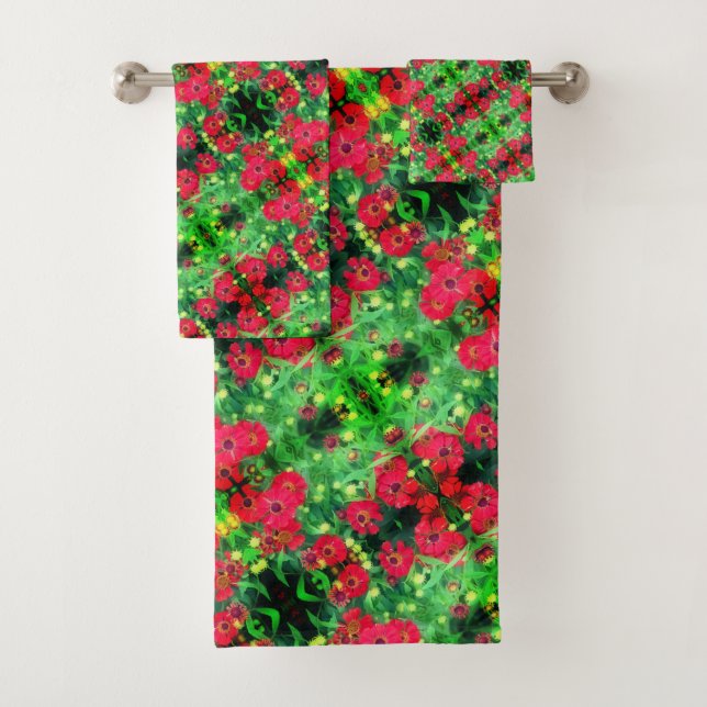Fading Red Zinnia Flowers Abstract Pattern     Bath Towel Set (Insitu)