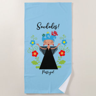 Fado woman singer with Portuguese caravel ships Beach Towel
