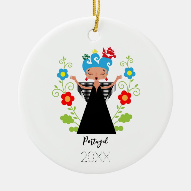 Fado woman singer with Portuguese caravel ships  Ceramic Ornament (Front)