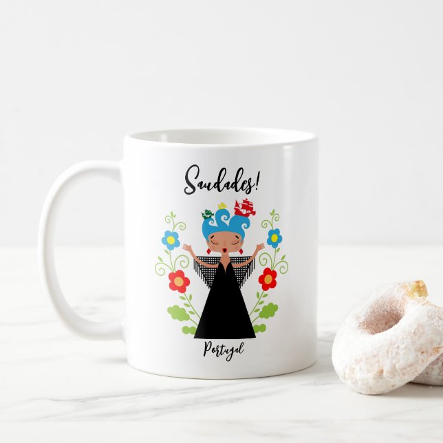 Fado woman singer with Portuguese caravel ships Coffee Mug (With Donut)