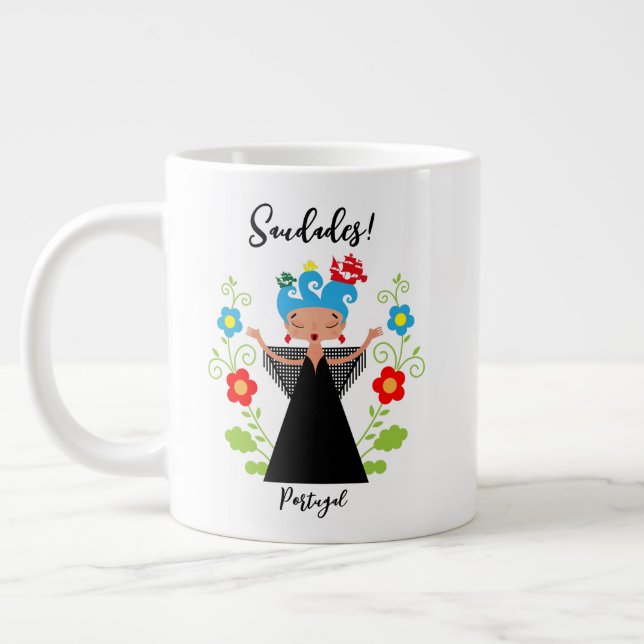 Fado woman singer with Portuguese caravel ships  Giant Coffee Mug (Left)