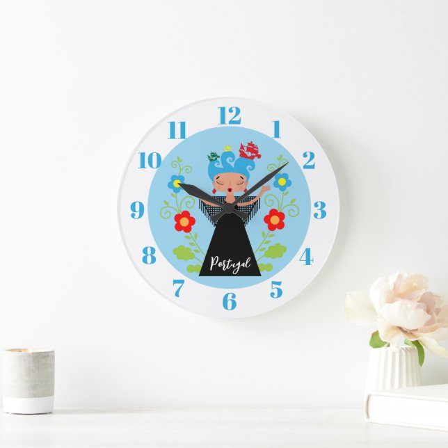 Fado woman singer with Portuguese caravel ships    Large Clock (Home)