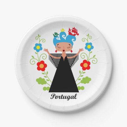 Fado woman singer with Portuguese caravel ships Paper Plates