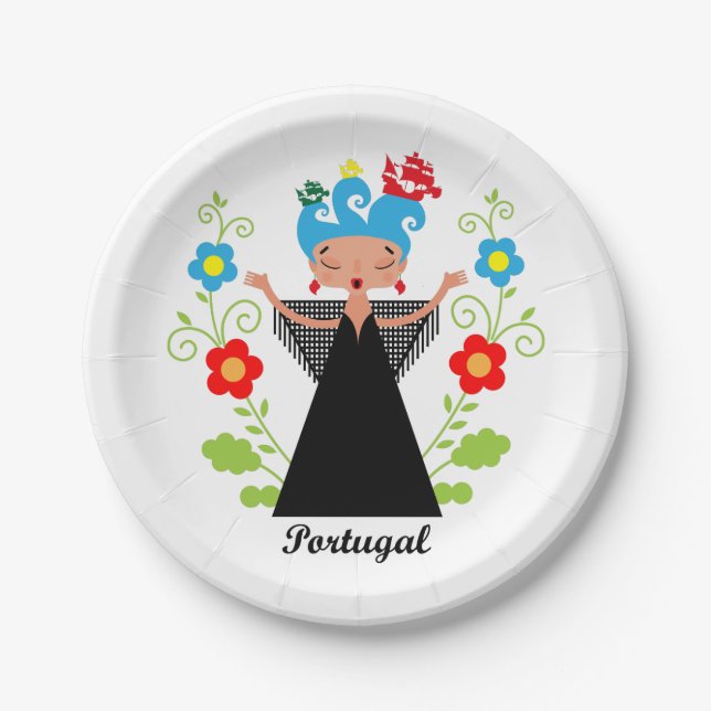 Fado woman singer with Portuguese caravel ships Paper Plates (Front)