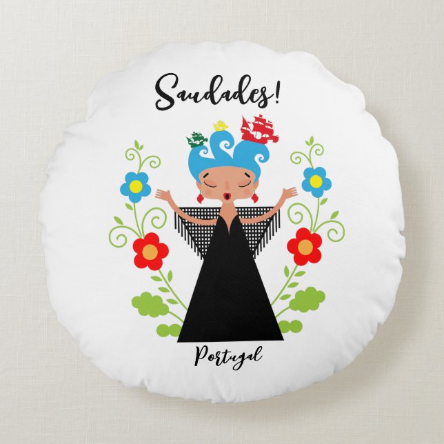 Fado woman singer with Portuguese caravel ships  Round Pillow (Front)