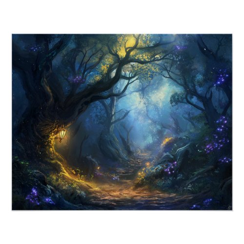 Fae Fantasy Forest Night Scene Poster