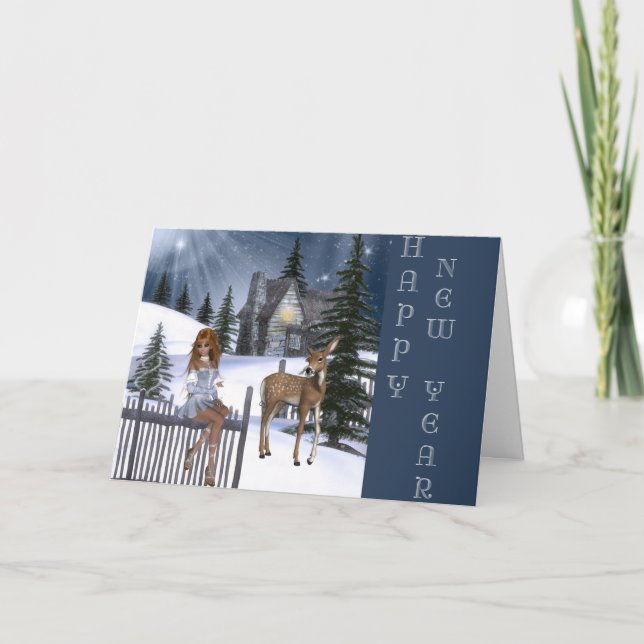 Faerie & Deer Winter Scene New Year Party Invite (Front)