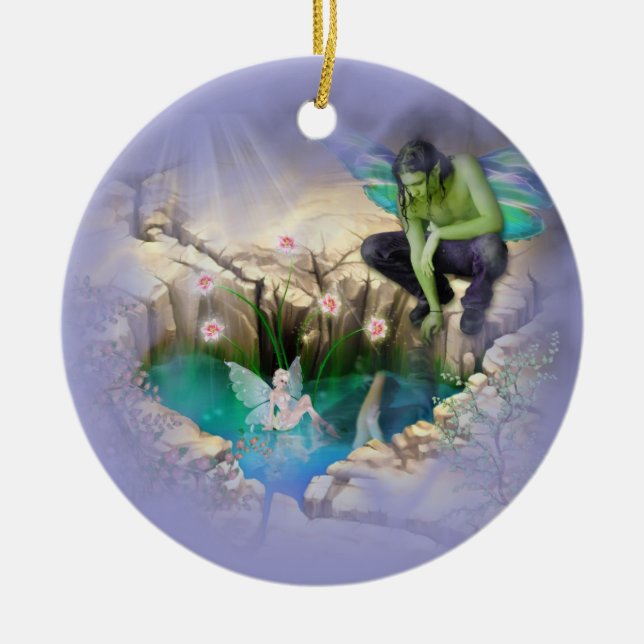 Faerie in Elven Pond Vignette Ceramic Ornament (Front)