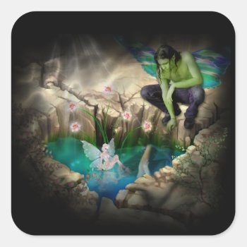 Faerie In Elven Pond Vignette Square Sticker by Fantasy_Gifts at Zazzle