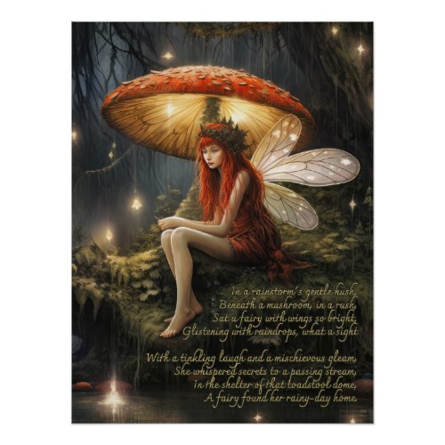 Faerie Under Mushroom In The Rain Poster