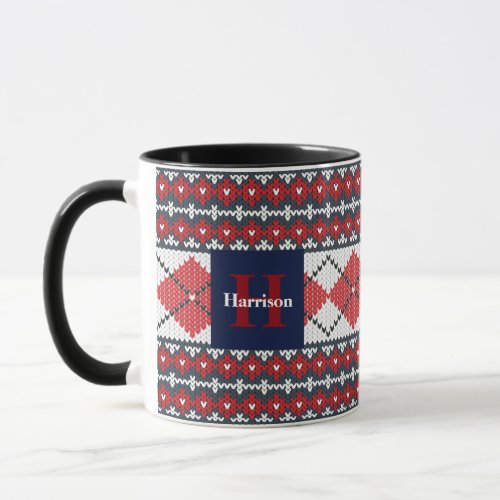 Fair Isle Argyle Blue and Red Monogrammed Mug