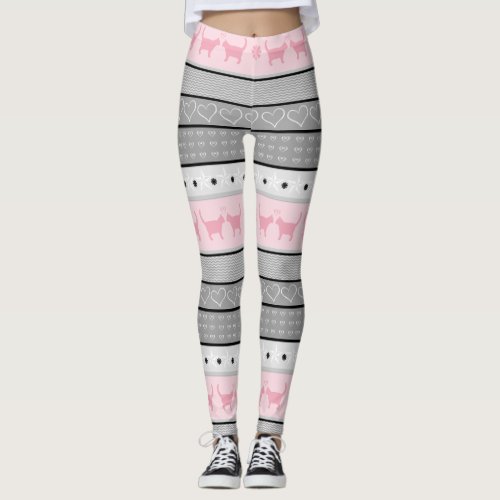 Fair Isle Cat Pattern Grey  Pink Leggings