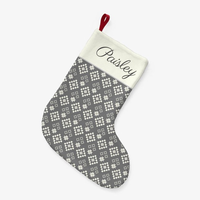 Fair Isle Gray and White Star Sweater Pattern Small Christmas Stocking (Front (Hanging))
