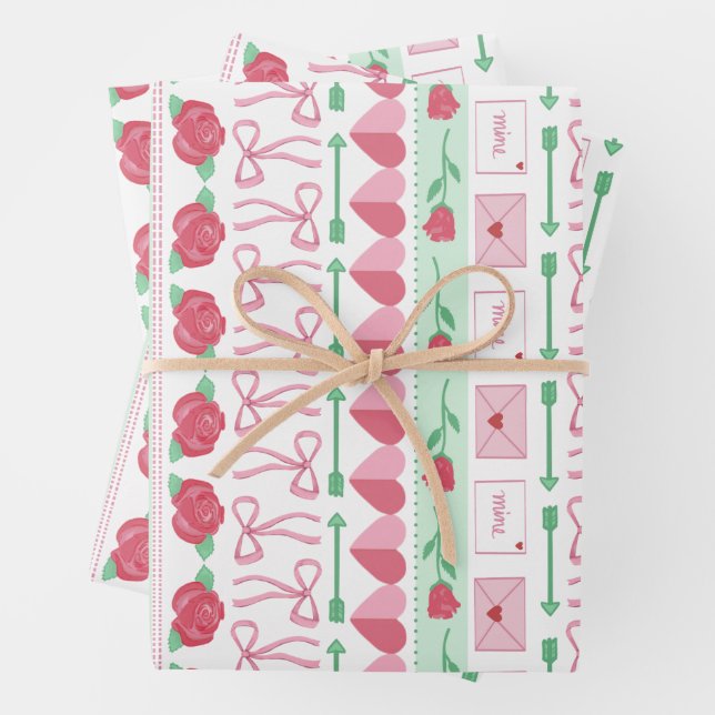 Fair Isle Inspired Pink and Green Valentine’s Day Wrapping Paper Sheets (In situ)