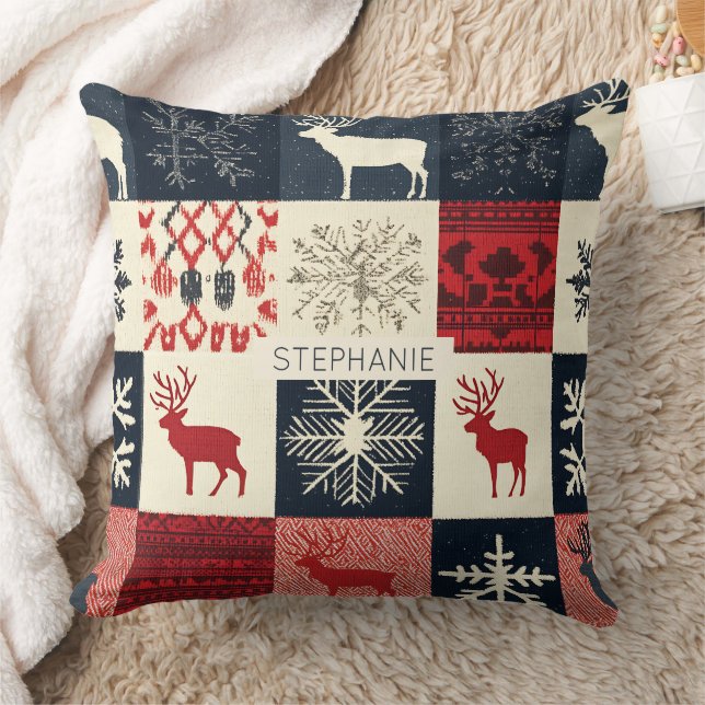 Fair Isle Knitted Patchwork | Holiday Reindeer Throw Pillow (Blanket)