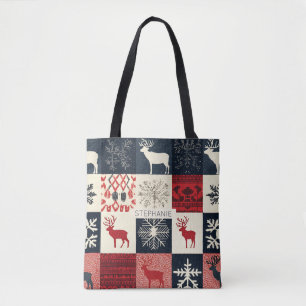 Fair Isle Knitted Patchwork   Holiday Reindeer Tote Bag