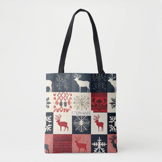 Fair Isle Knitted Patchwork | Holiday Reindeer Tote Bag (Front)