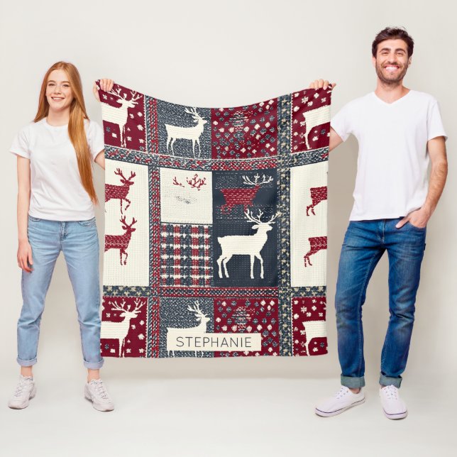 Fair Isle Knitted Patchwork | Rustic Reindeer (2) Fleece Blanket (In Situ)