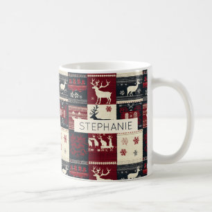 Fair Isle Knitted Patchwork Rustic Reindeer Coffee Mug