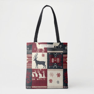 Fair Isle Knitted Patchwork   Rustic Reindeer Tote Bag