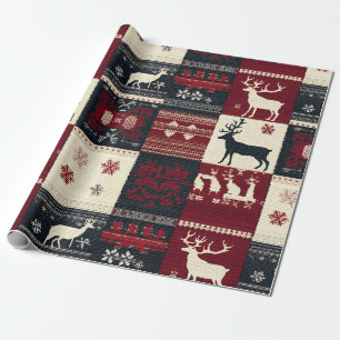 Fair Isle Knitted Patchwork   Rustic Reindeer Wrapping Paper