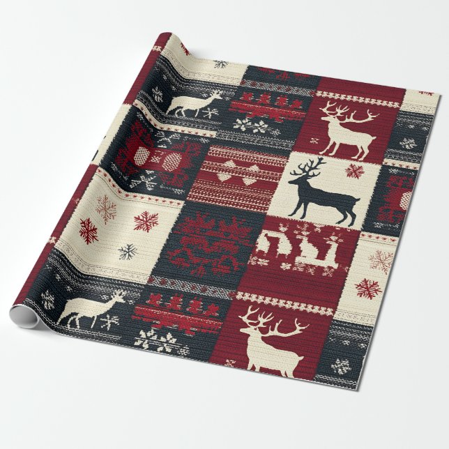 Fair Isle Knitted Patchwork | Rustic Reindeer Wrapping Paper (Unrolled)
