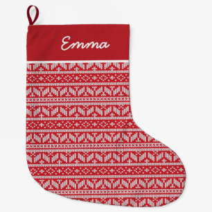 Fair Isle Red Christmas Name Monogram Large Christmas Stocking