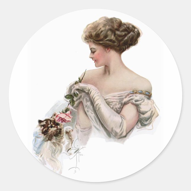 Fair Maiden Teases a Kitten Classic Round Sticker (Front)