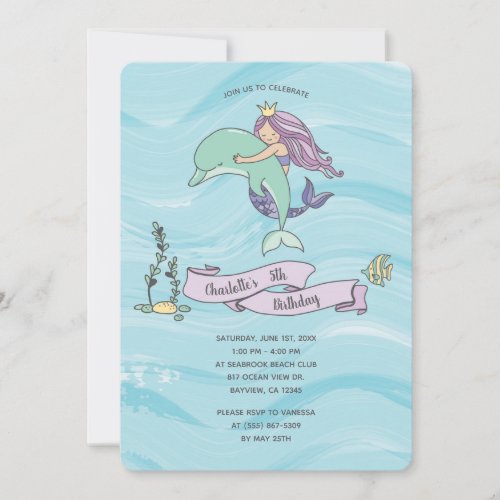Fair Skin Purple Mermaid with Dolphin Birthday Invitation