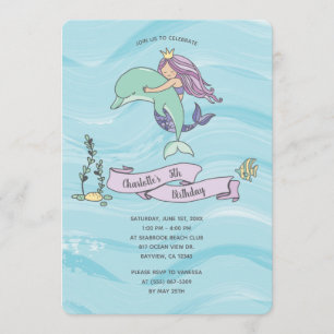 Fair Skin Purple Mermaid with Dolphin Birthday Invitation