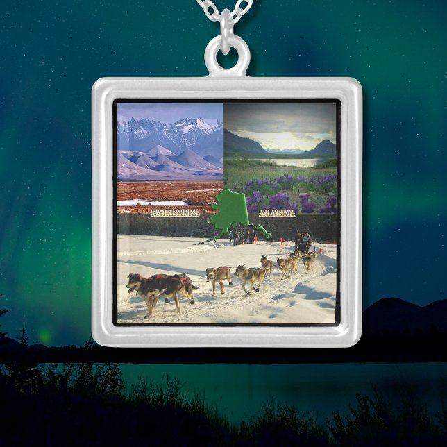 Fairbanks, Alaska Collage Silver Plated Necklace (Fairbanks, Alaska Collage Square Silver Plated Necklace)