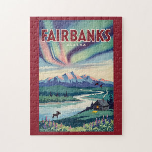 Fairbanks Alaska Northern Lights Illustration Jigsaw Puzzle