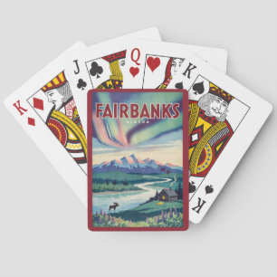 Fairbanks Alaska Northern Lights Illustration Poker Cards