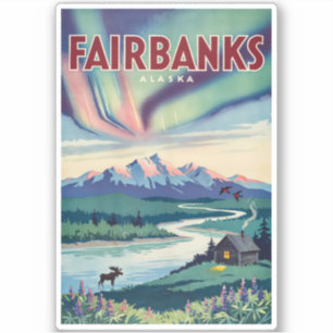 Fairbanks Alaska Northern Lights Illustration Sticker