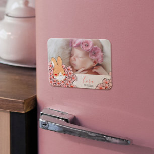 Faire-part naissance magnet Lapin et fleurs