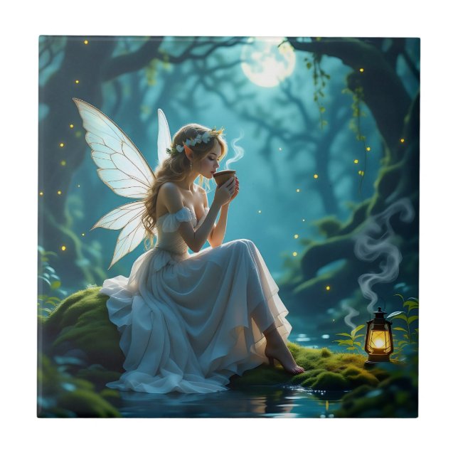 Fairies and Coffee Enchanted Forest Ceramic Tile (Front)