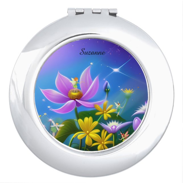 Fairies and Flowers editable name Compact Mirror (Front)