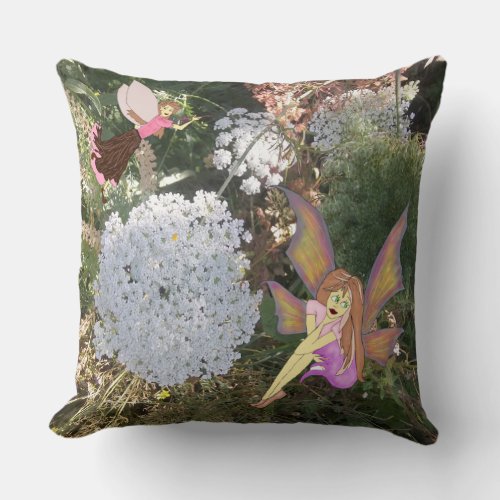 Fairies and Queen Annes Lace Wildflower Garden Throw Pillow